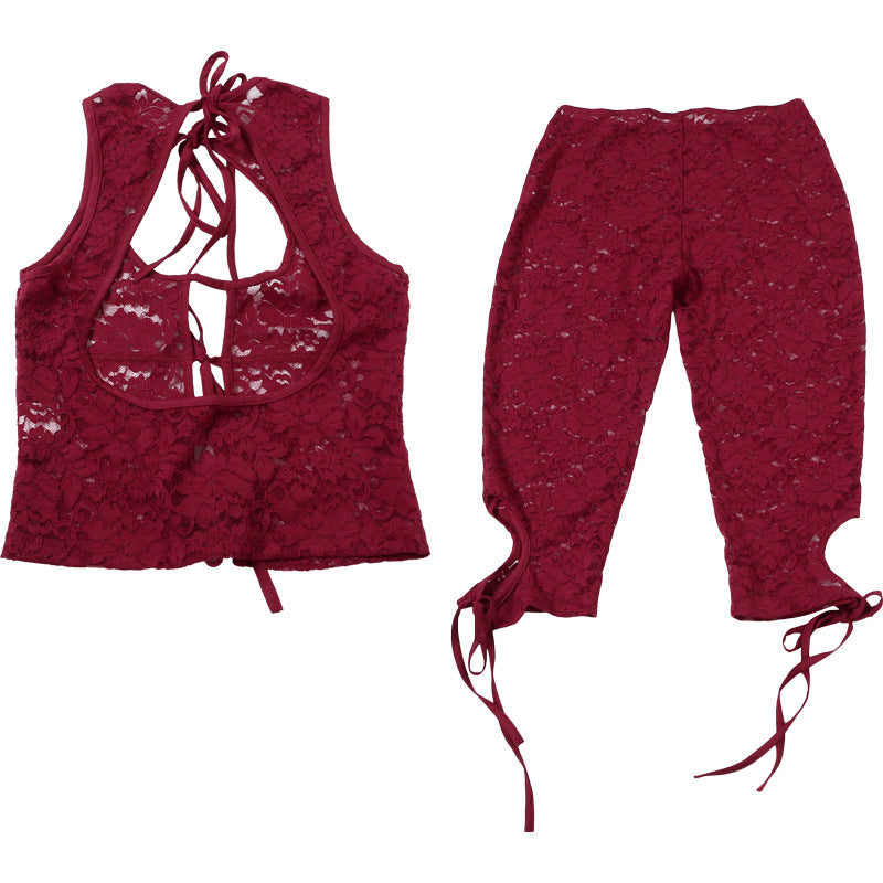 Summer fashion sexy low-cut lace Patchwork two piece shorts set for women 18