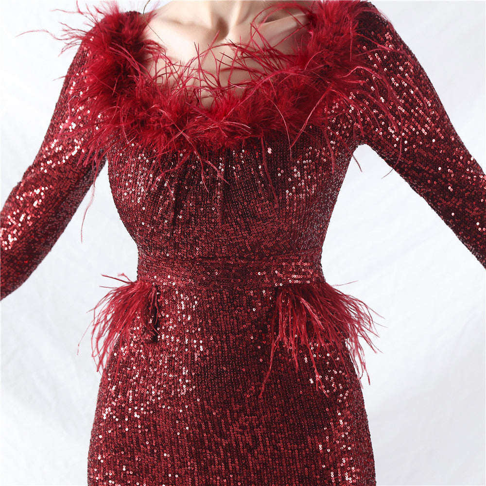 Women ostrich feather long-sleeved sequined evening dress 29