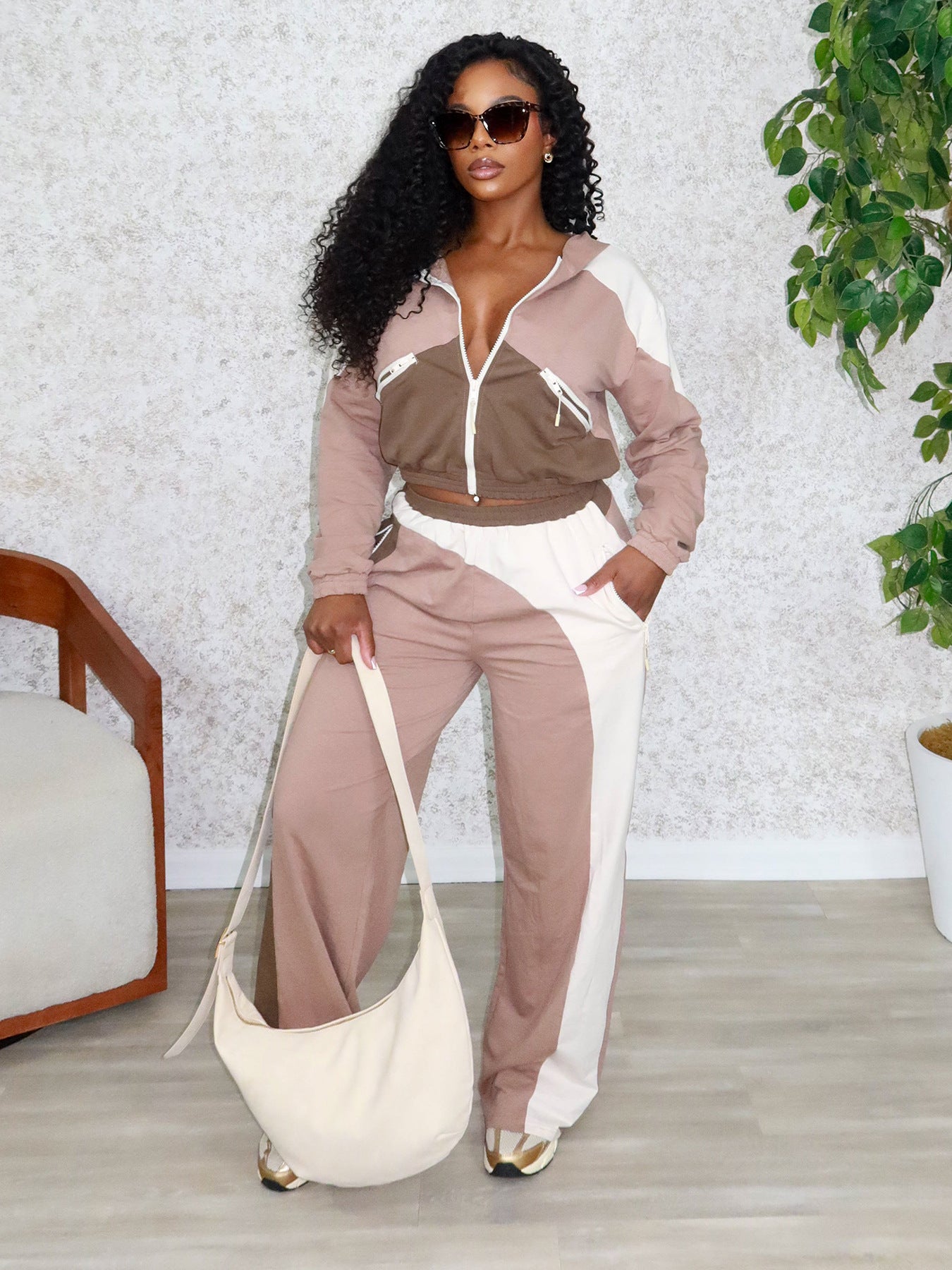 Fashion Women's Color Block Zipper Hoodies Wide Leg Elastic Waist Sport Long Pants Two-Piece Set 3