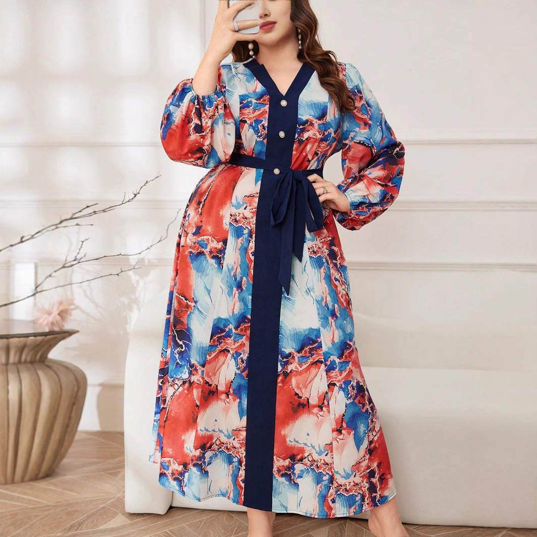 Plus Size Trendy Crisscross V-Neck Lantern Sleeve Slim Waist Print Chic Dress 4