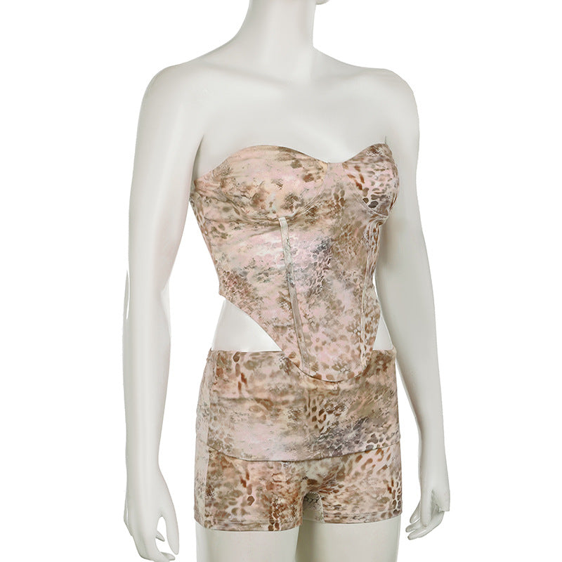 Women Holidays Animal Print Irregular Strapless Top and Shorts Two Piece Set 8