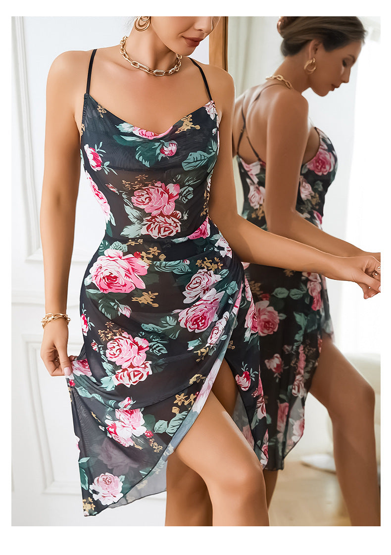 Floral Print Mesh Irregular Straps Nightdress Home Wear 12