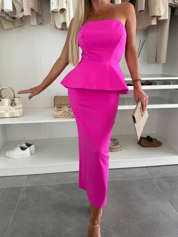 Spring Women's Clothing Strapless Sexy Split Fashion Two Piece Skirt Set