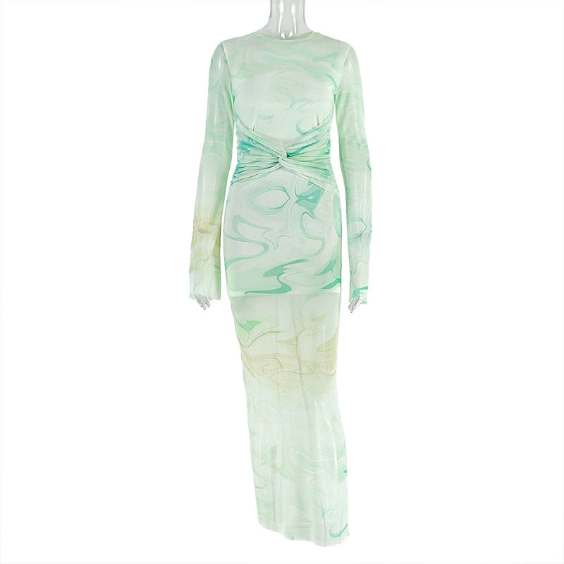 Chic Printed Women's Slim Fit High Neck Long Sleeve Bodycon Dress 6