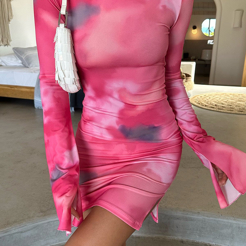 Women's Round Neck Long Sleeve Printed Chic Elegant Bodycon Dress 5