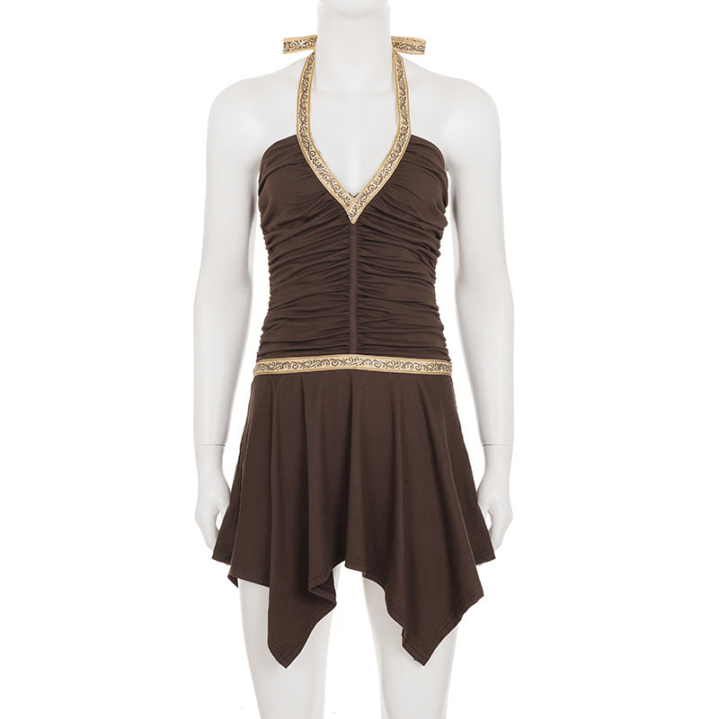 Women American-Style V-Neck Ethnic Ribbon Contrast Color Patchwork irregular pleated Halter Neck dress 8