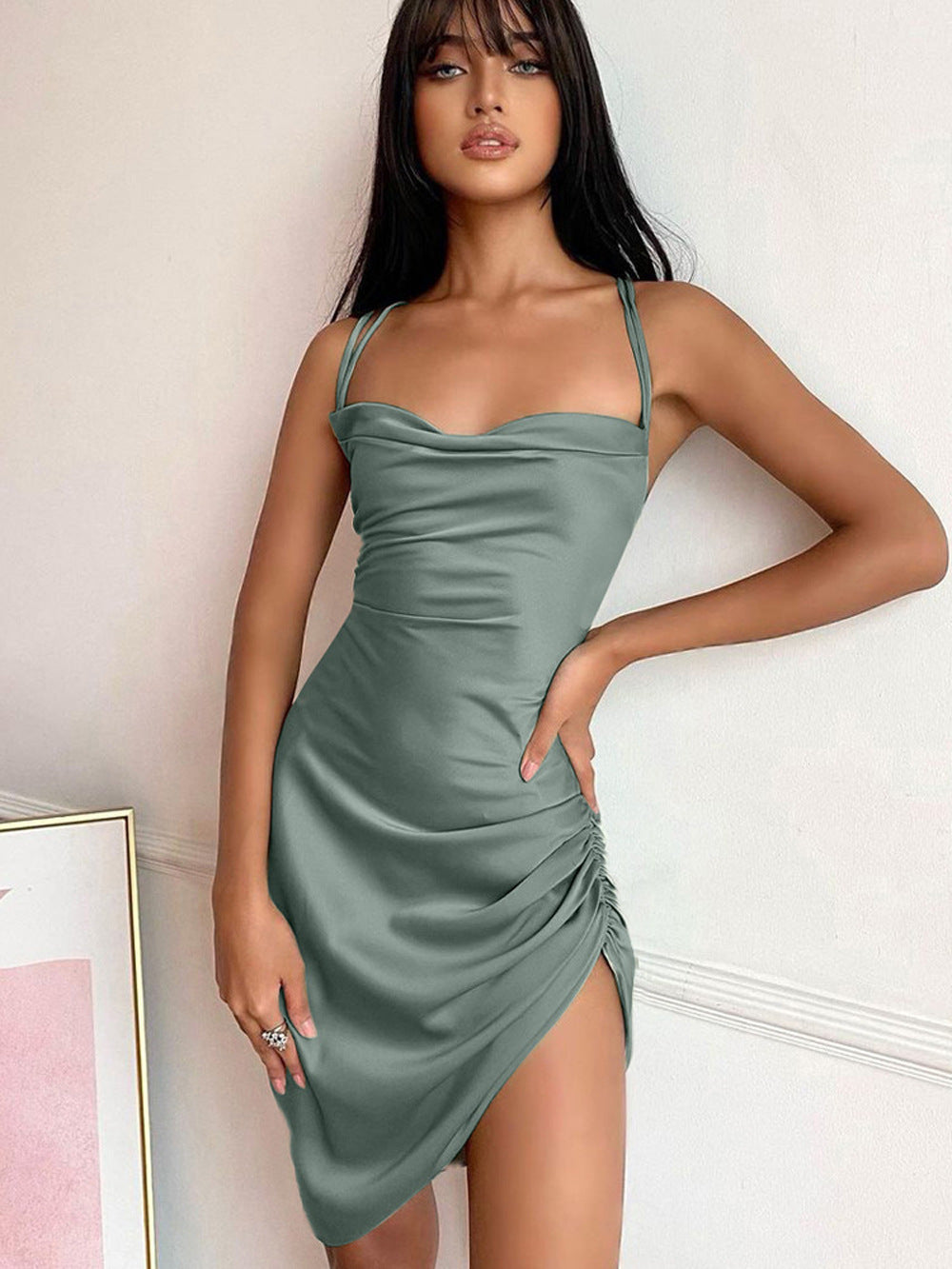 Women Sexy Strapless Pleated Backless Hollow Strap Dress 25