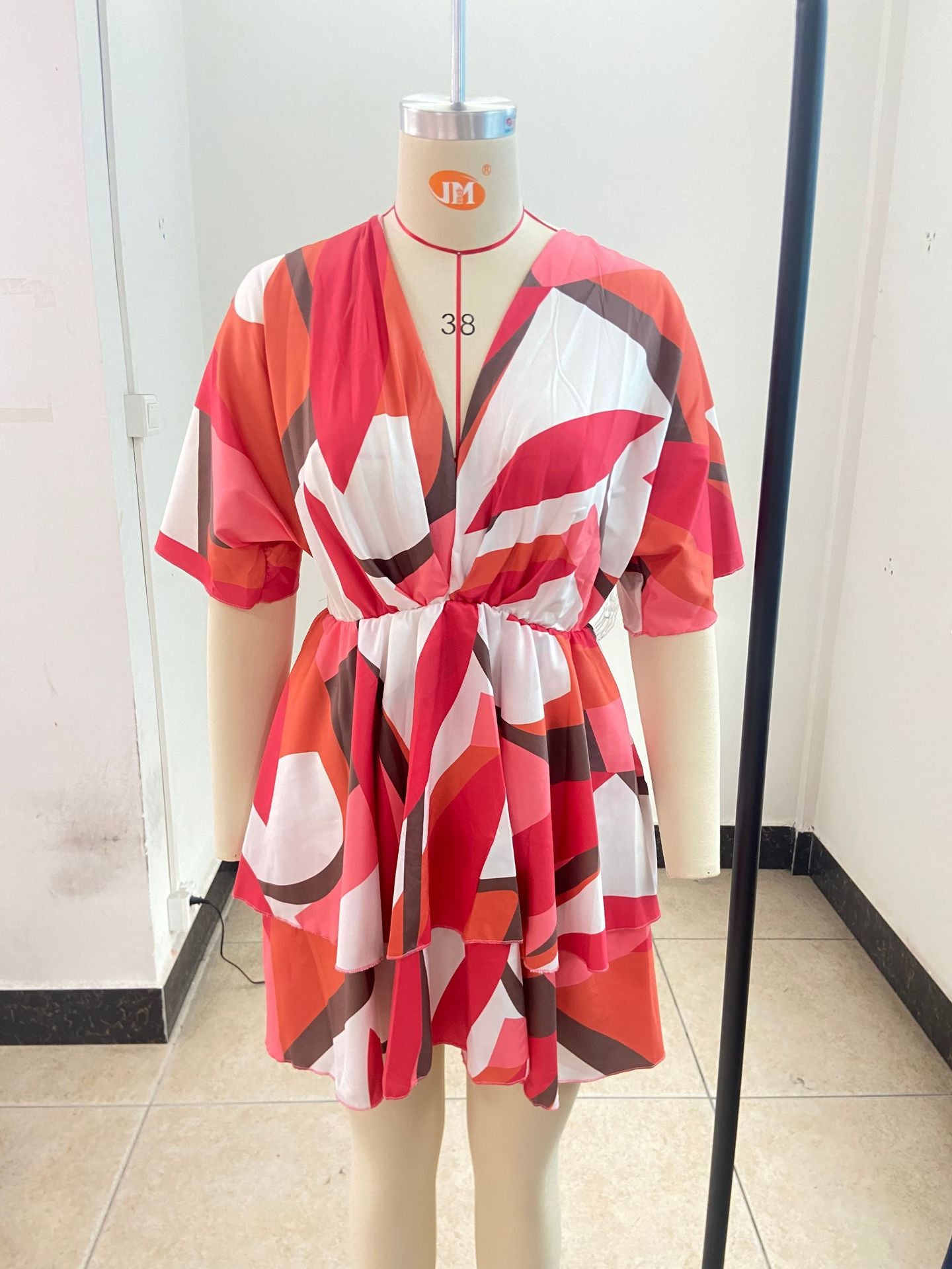 Autumn V-Neck Loose Bat Sleeves Print Dress Women's Clothing 29