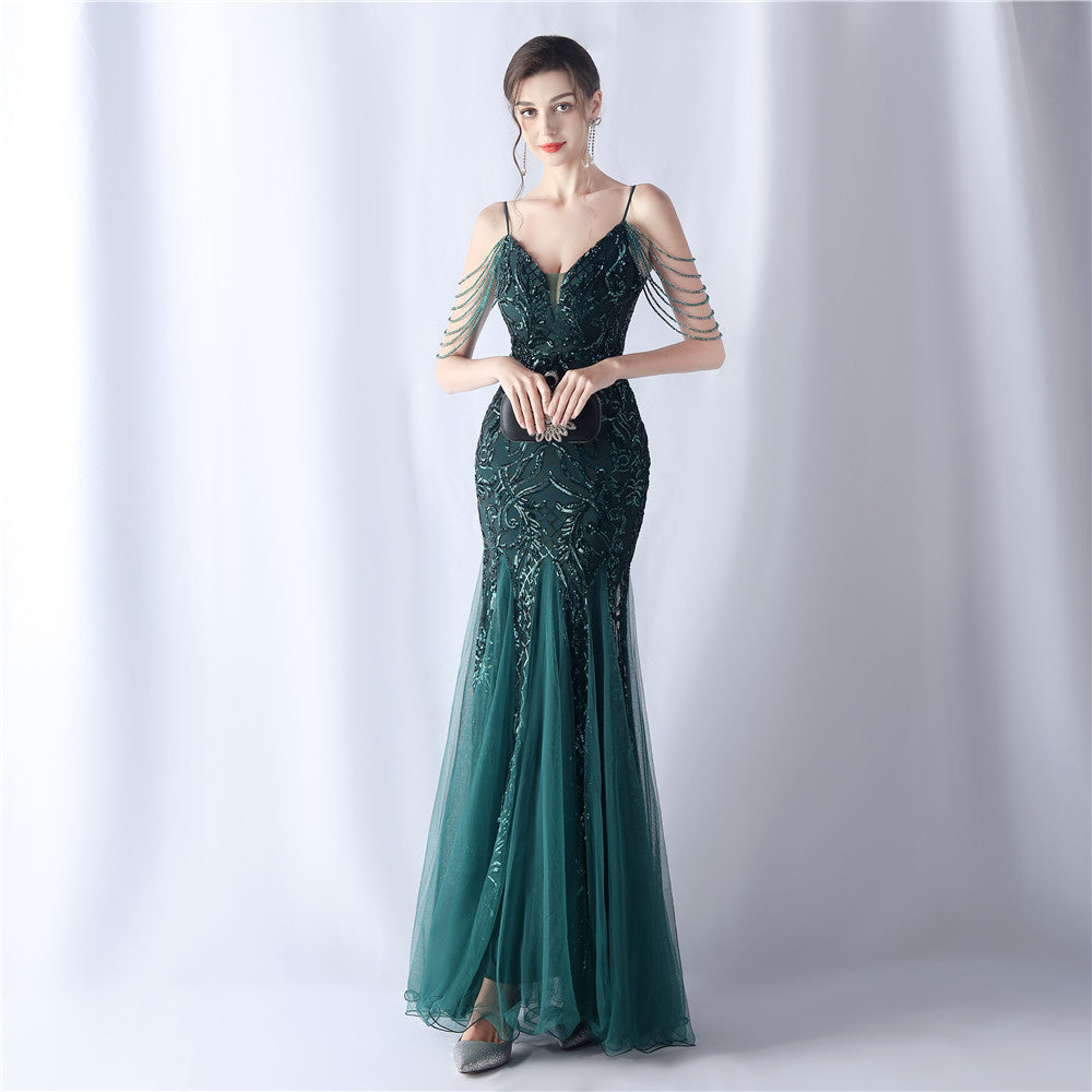 Women beaded mesh evening dress 3
