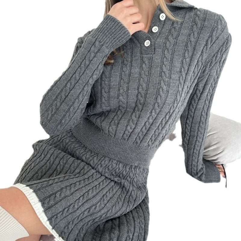 Women Casual long-sleeved knitting button sweater Skirt two-piece suit 8