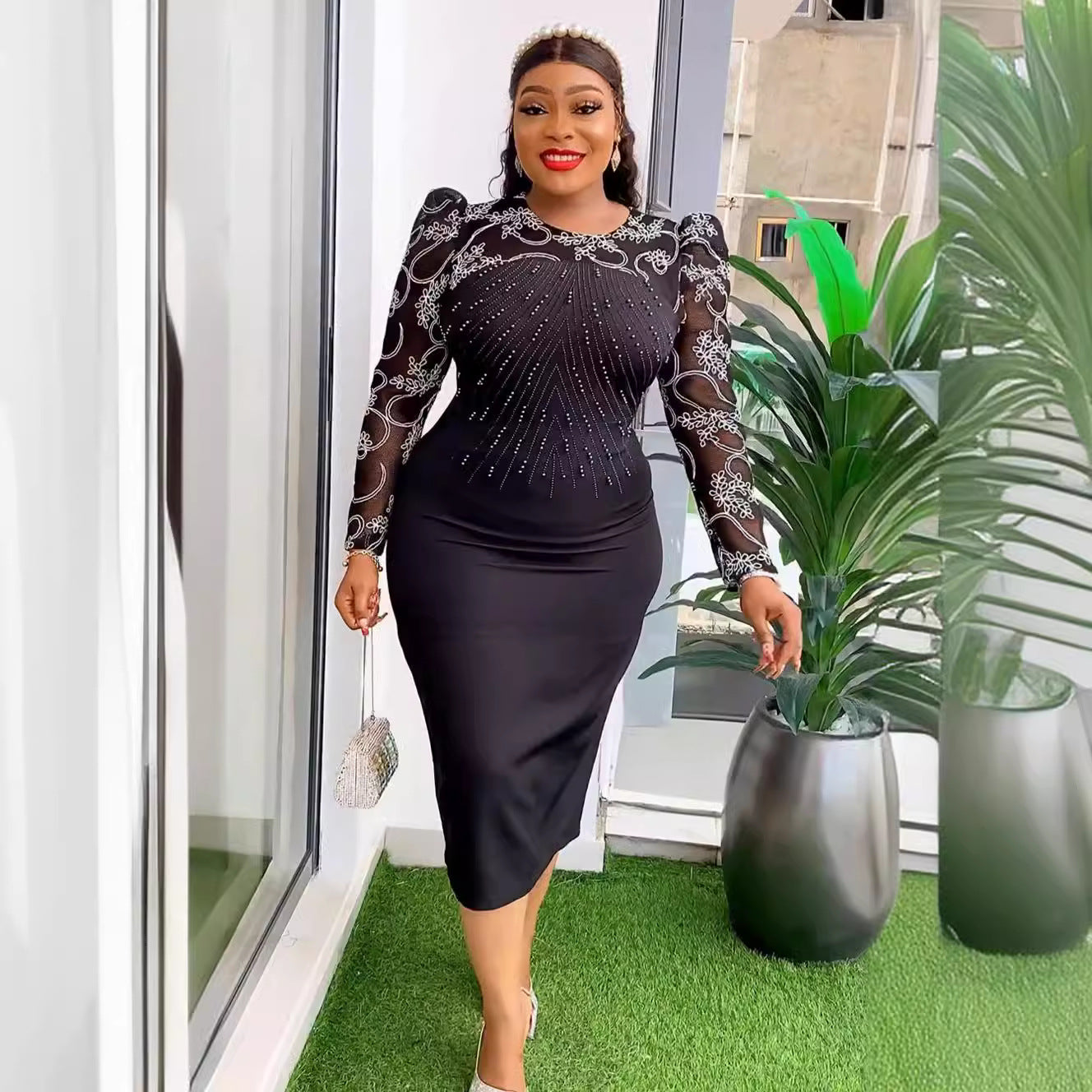 Women's Fashion Career Chic Africa Plus Size Organza Patchwork Bead Bodycon Dress