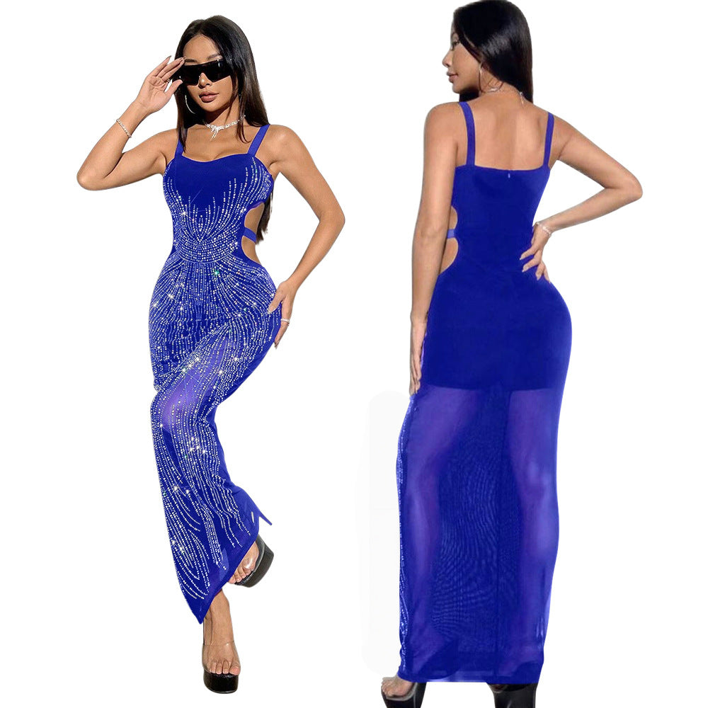 Women Sexy Halter Hollow Beaded See-Through Dress 7