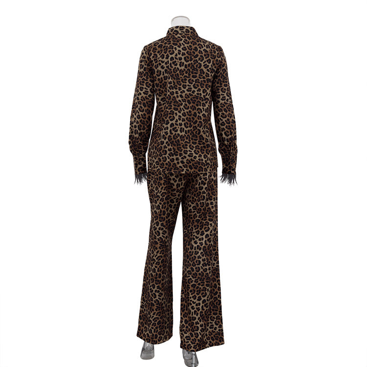 Women Leopard Print Patchwork Feather Long Sleeve Shirt Wide Leg Pants Two-Piece Set 5