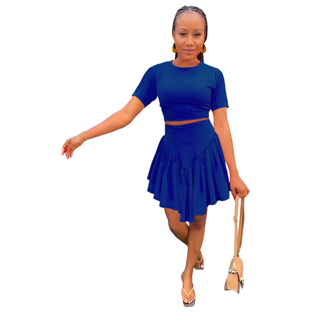 Tight Fitting Short T-shirt High Waist Casual Simple Irregular Skirt Two-piece Set 13