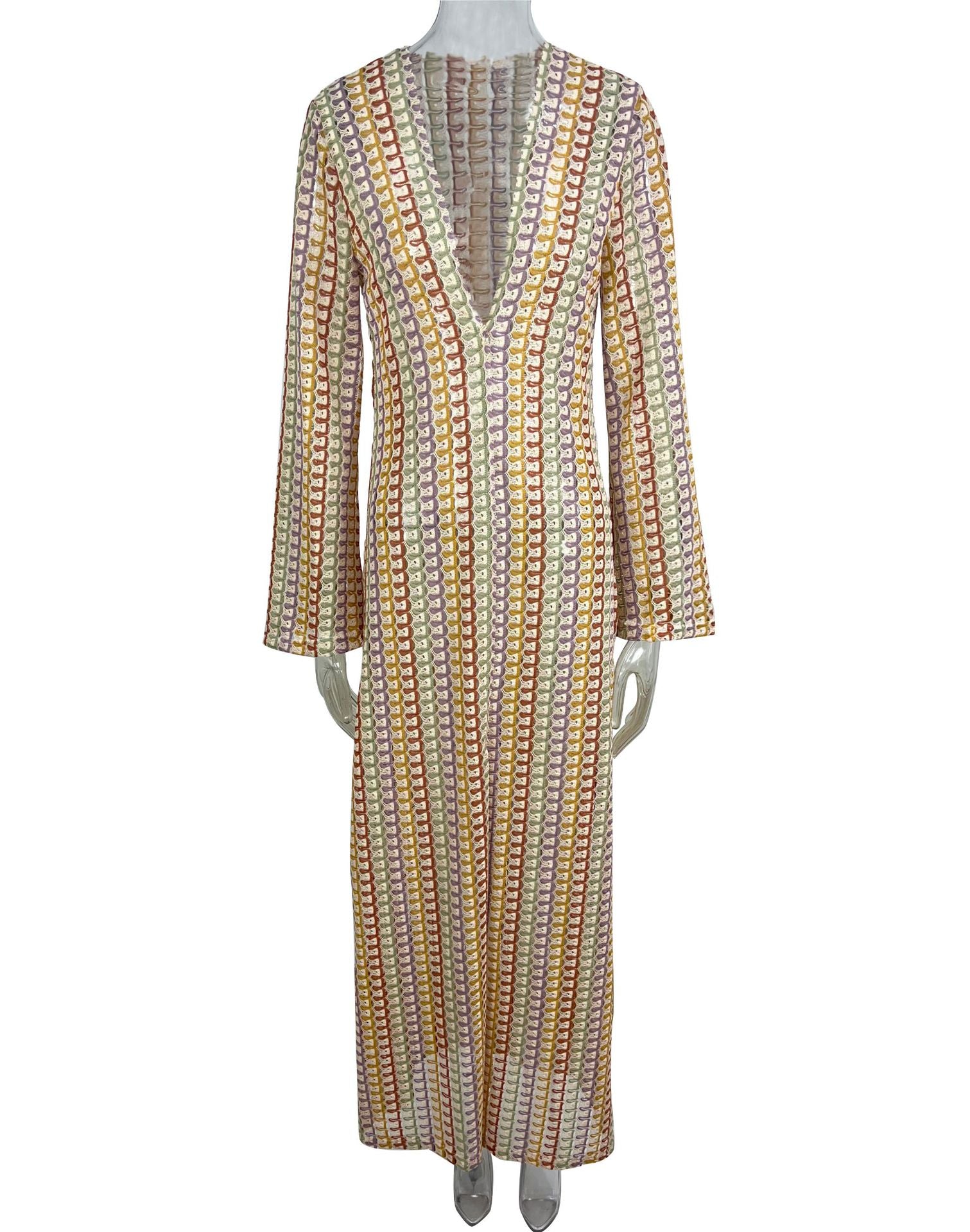 Women Contrast Color Lace Hollow Slit Maxi Dress 25