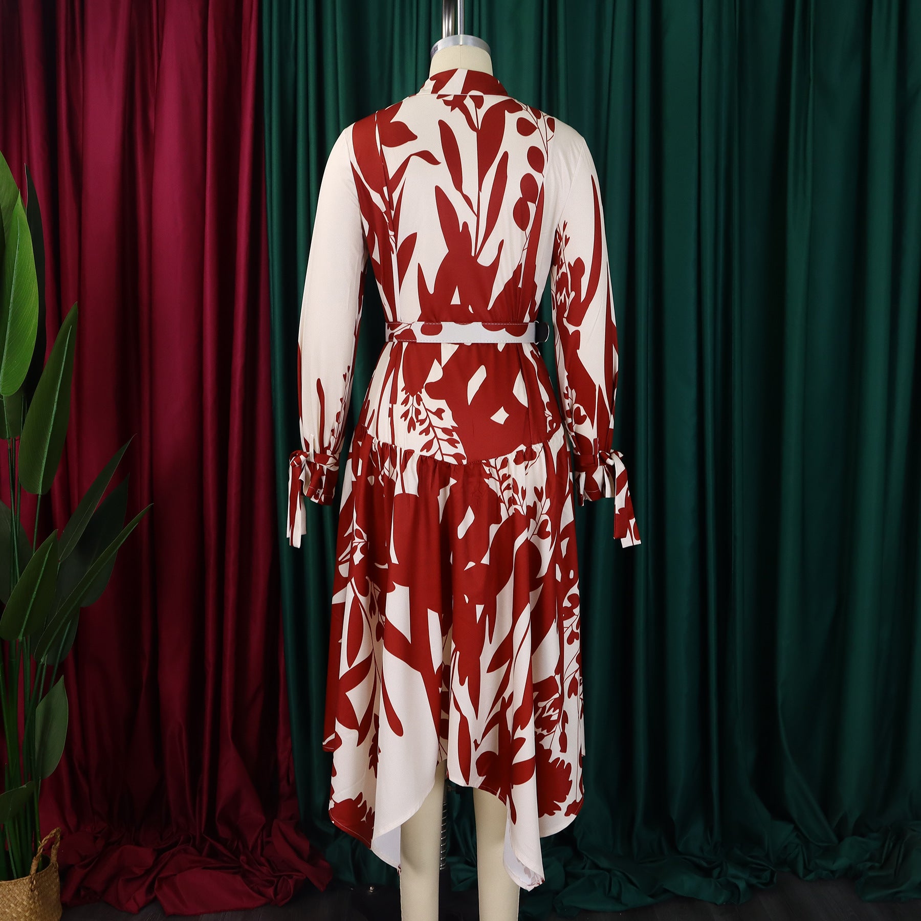 Women's Fashion Chic Print Turndown Collar Long Sleeve Belt Irregular Print Dress 12