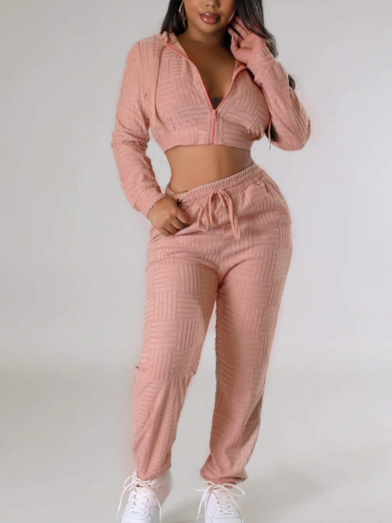 Solid Hooded Zipper Crop Two-Piece Pants Set 3