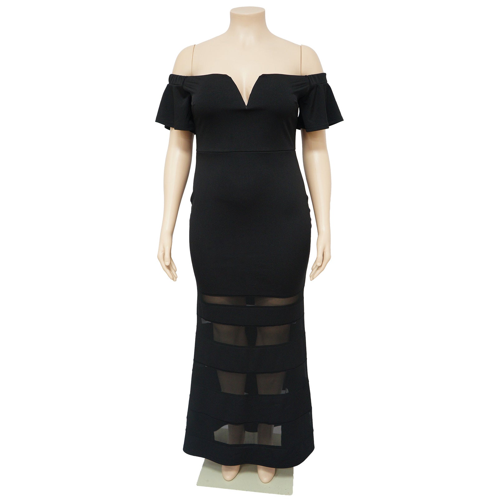 Sexy See-Through Fashion V Neck Short Flare Sleeves Plus Size Maxi Dress 17