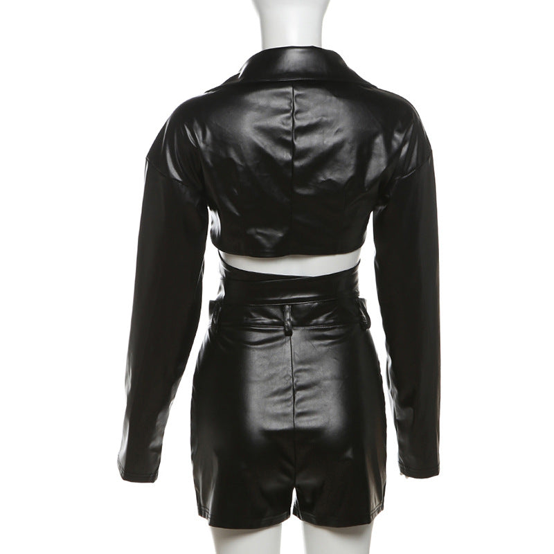 Women Sexy Turndown Collar V Neck Pu Leather Top and Shorts Two Piece Set 8