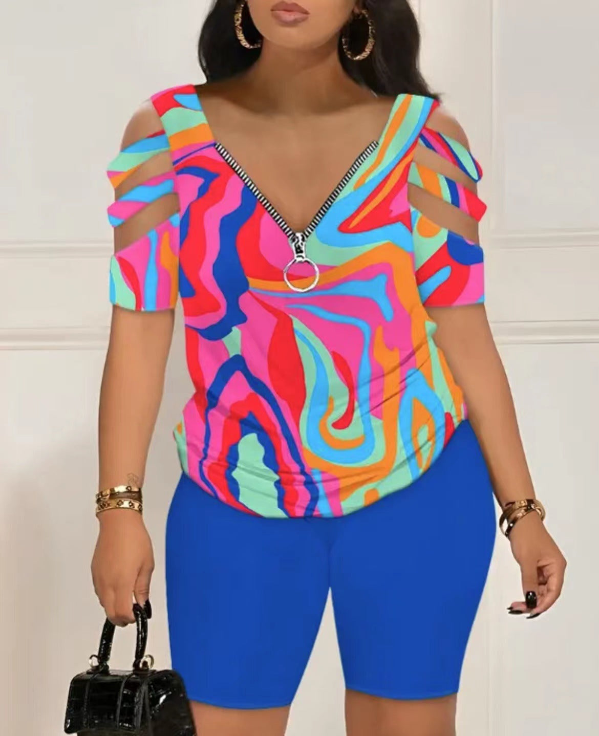 Women Contrasting Color Bandage Print Short Sleeve Top and Shorts Two-Piece Set 13