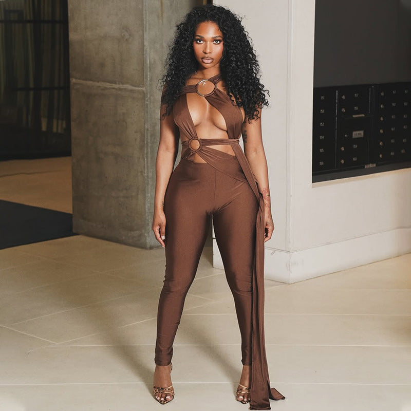 Sexy Street Style Lace-Up Cut-Out Metal Ring Jumpsuit Solid Tight Slim Romper 4