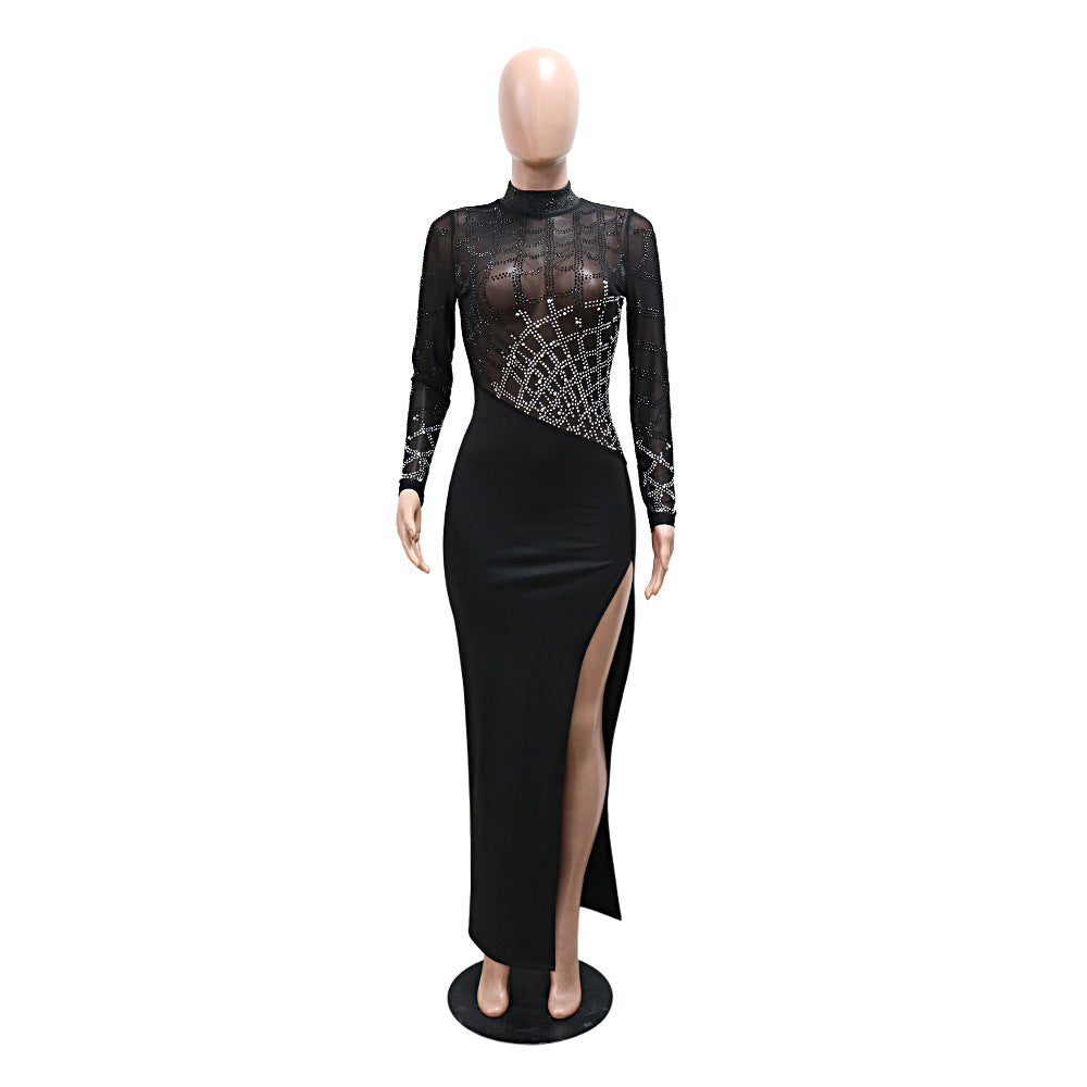 Women High Neck Long Sleeve Beaded Slit Party Dress 14