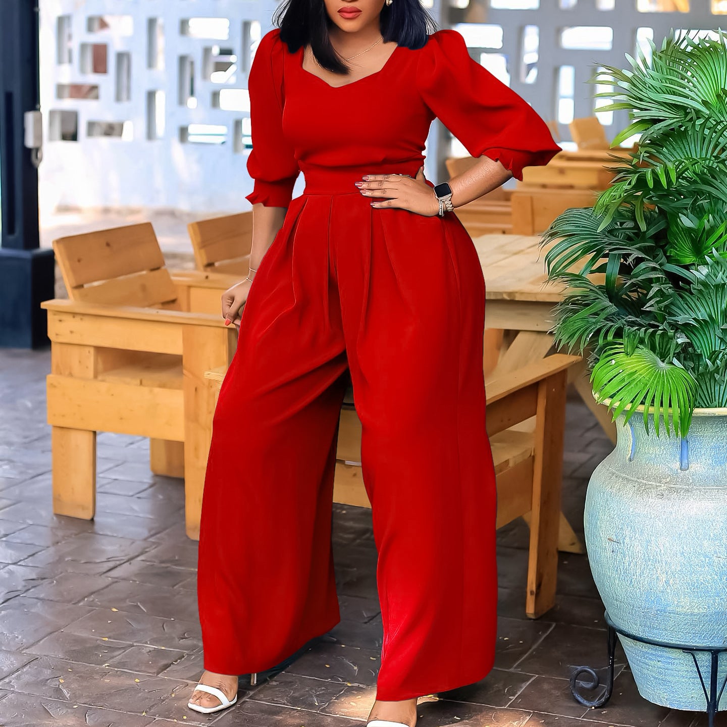 Plus Size African Women Long Sleeve Solid Loose Wide Leg Jumpsuit 4