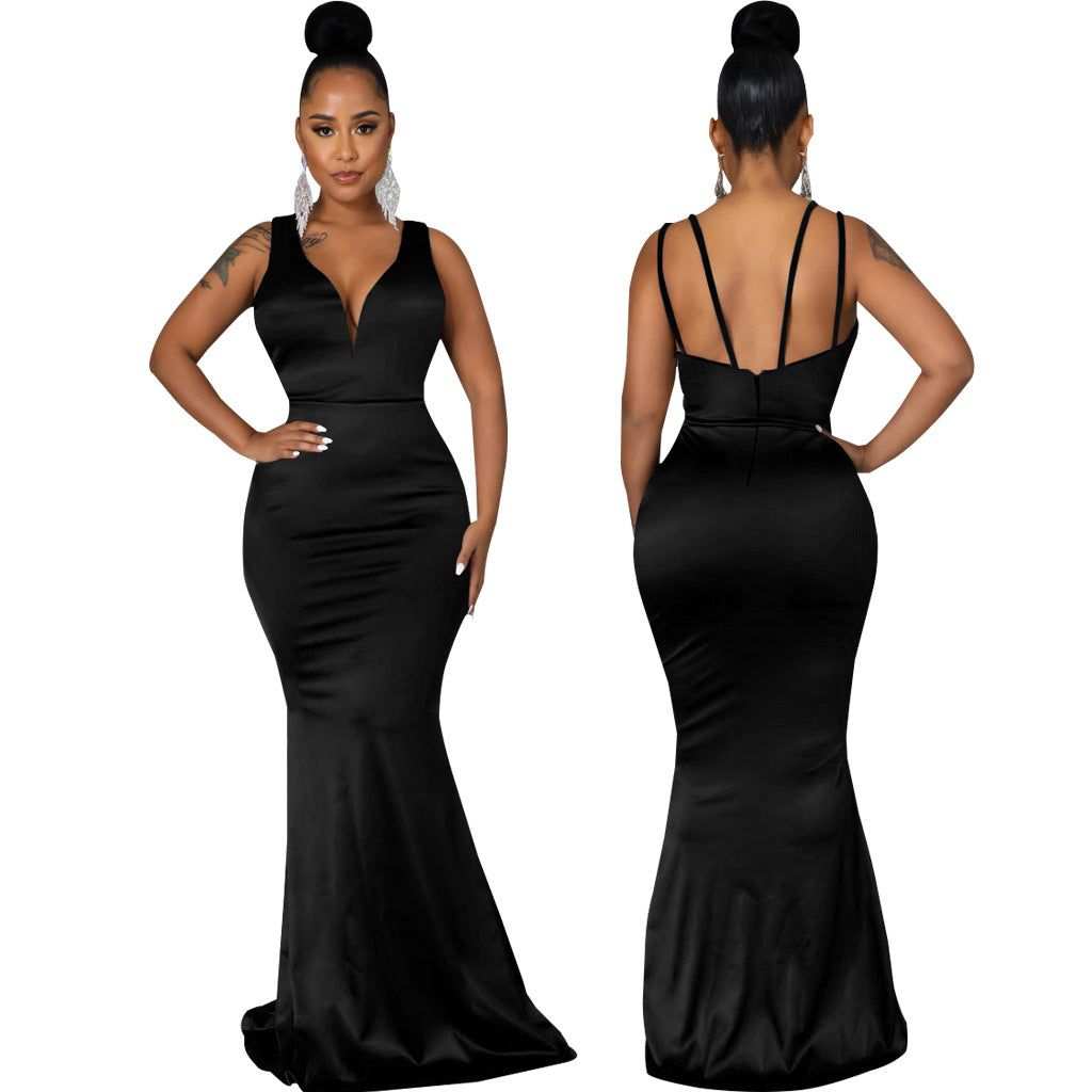 Sexy Fashion Deep V Neck Sleeveless Mermaid Gown Women's Solid Color Evening Dress