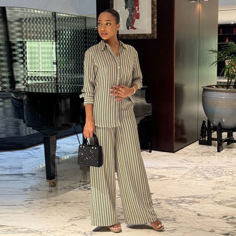 Women casual print long-sleeved shirt and wide-leg Pants two-piece suit 4