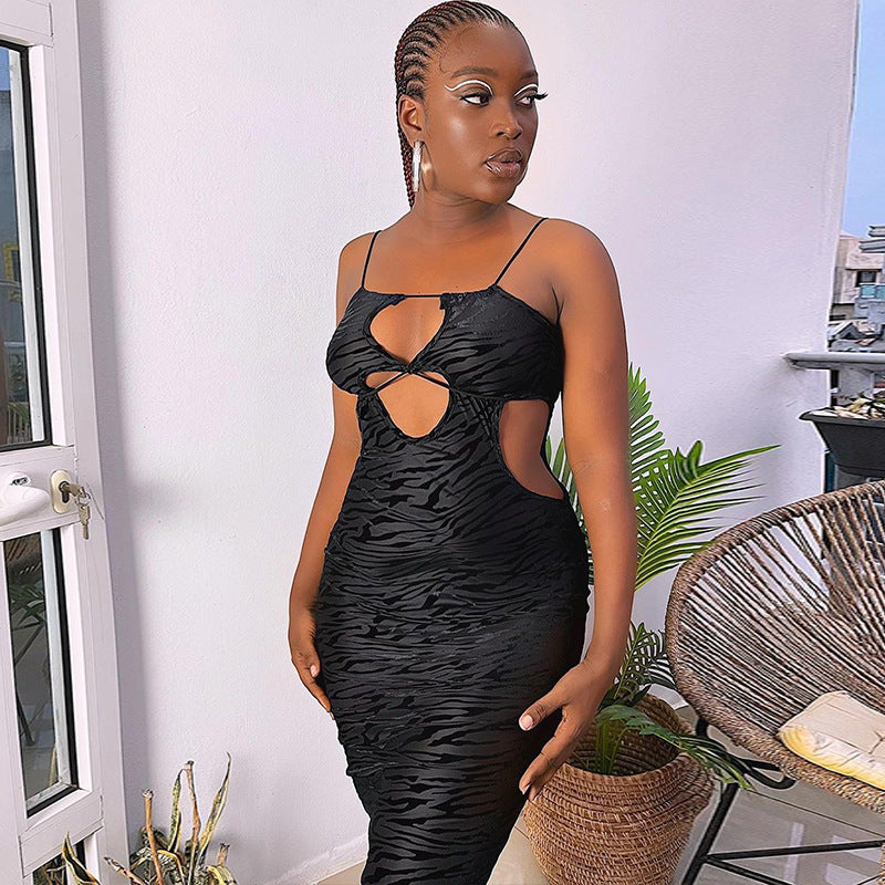 Women Print Hollow Tight Fitting Strap Bodycon Dress