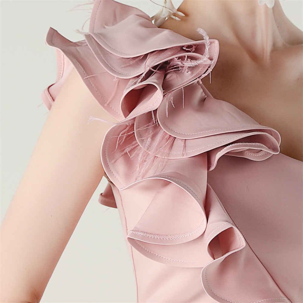 Women One-Shoulder Beaded Wool and Floral Satin Slit Sexy Evening Dress 89