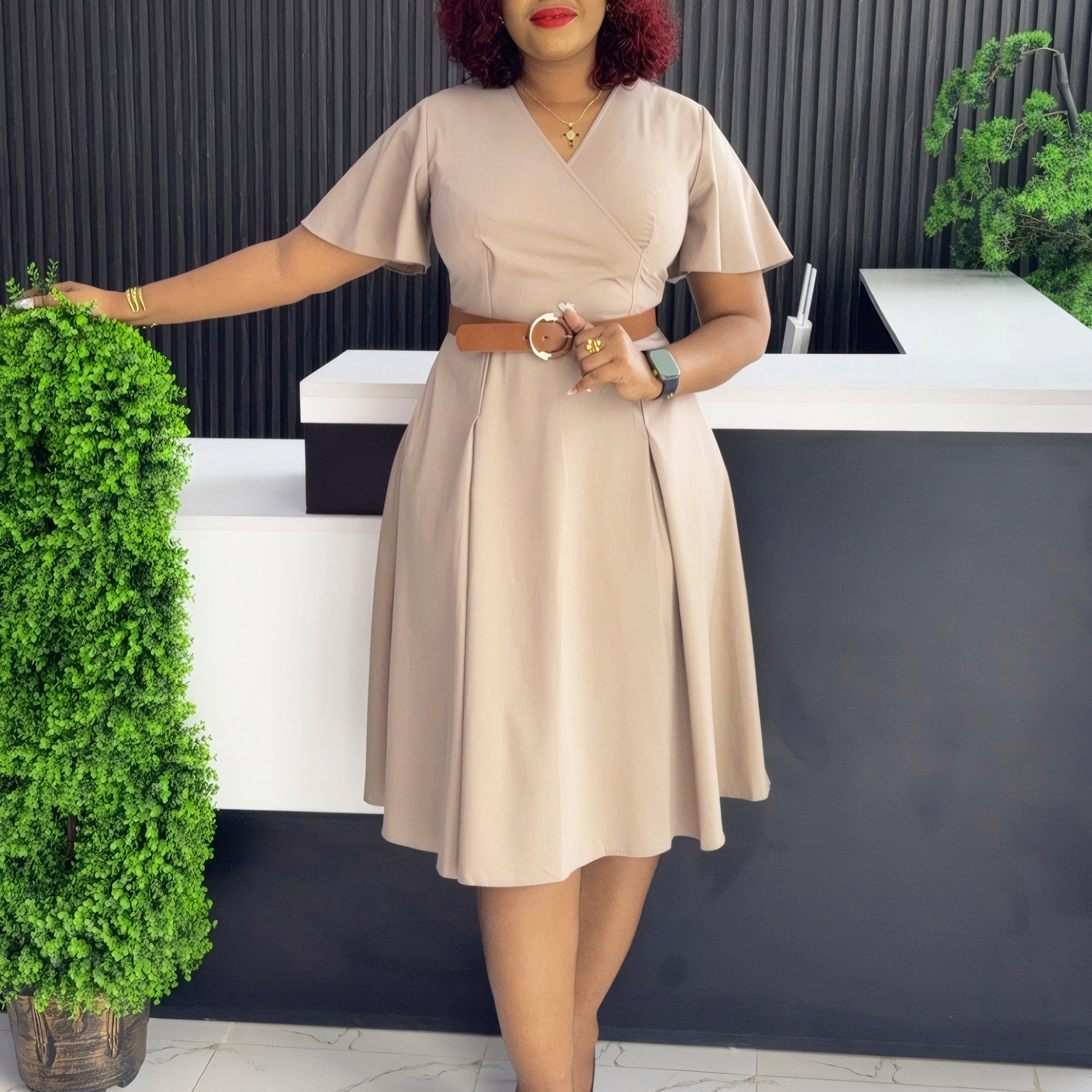 Women Summer V-neck Bell Bottom Sleeve Casual African Dress