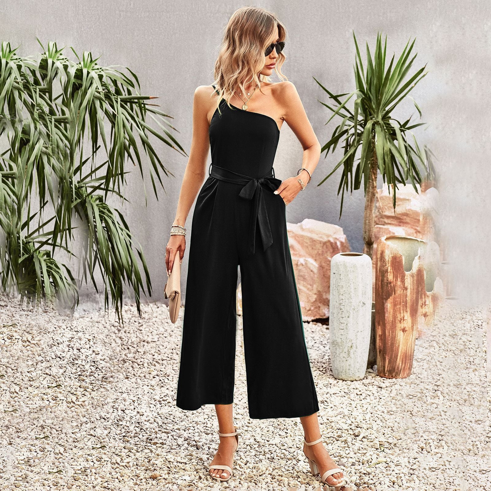 Slash Shoulder Belted Jumpsuit Women'S Spring Summer Chic Career Solid Color One Shoulder One Piece Wide Leg Pants 8