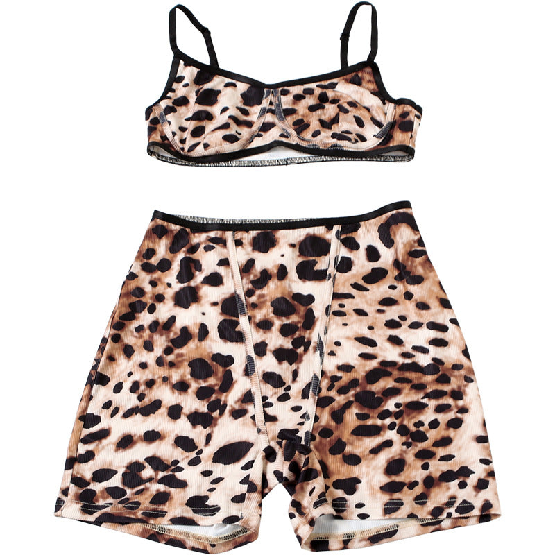 Women summer leopard print suspender Top and shorts Two Piece Set 6