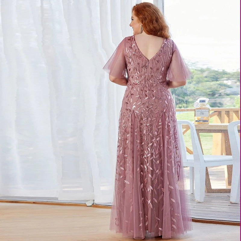 Evening Gown Plus Size Sequin Ball Gown Ruffle Sleeve Mermaid Swing Maxi Dress 5