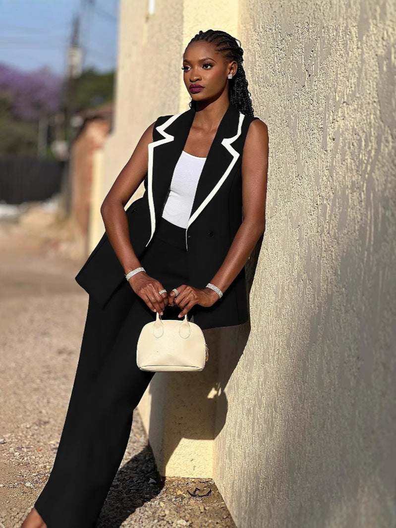 Women's Sleeveless Patchwork Contrast Color Vest Pants Two Piece Set 6