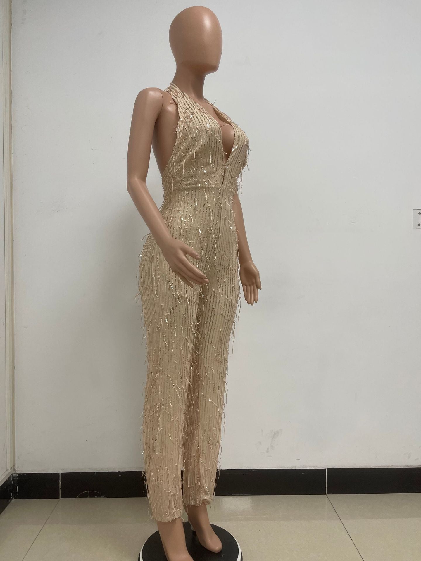 Women's Sleeveless Deep V Halter Neck Low Back Sequin Jumpsuit T 38