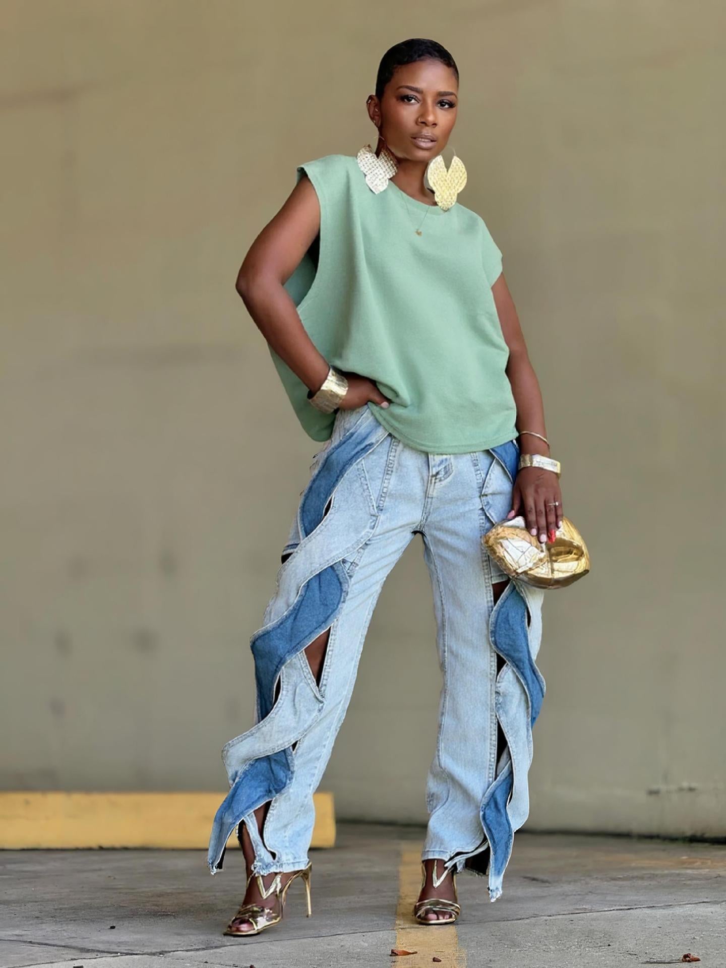 Color Block Patchwork Straight Leg Knot Cut-Out Denim Pants 4