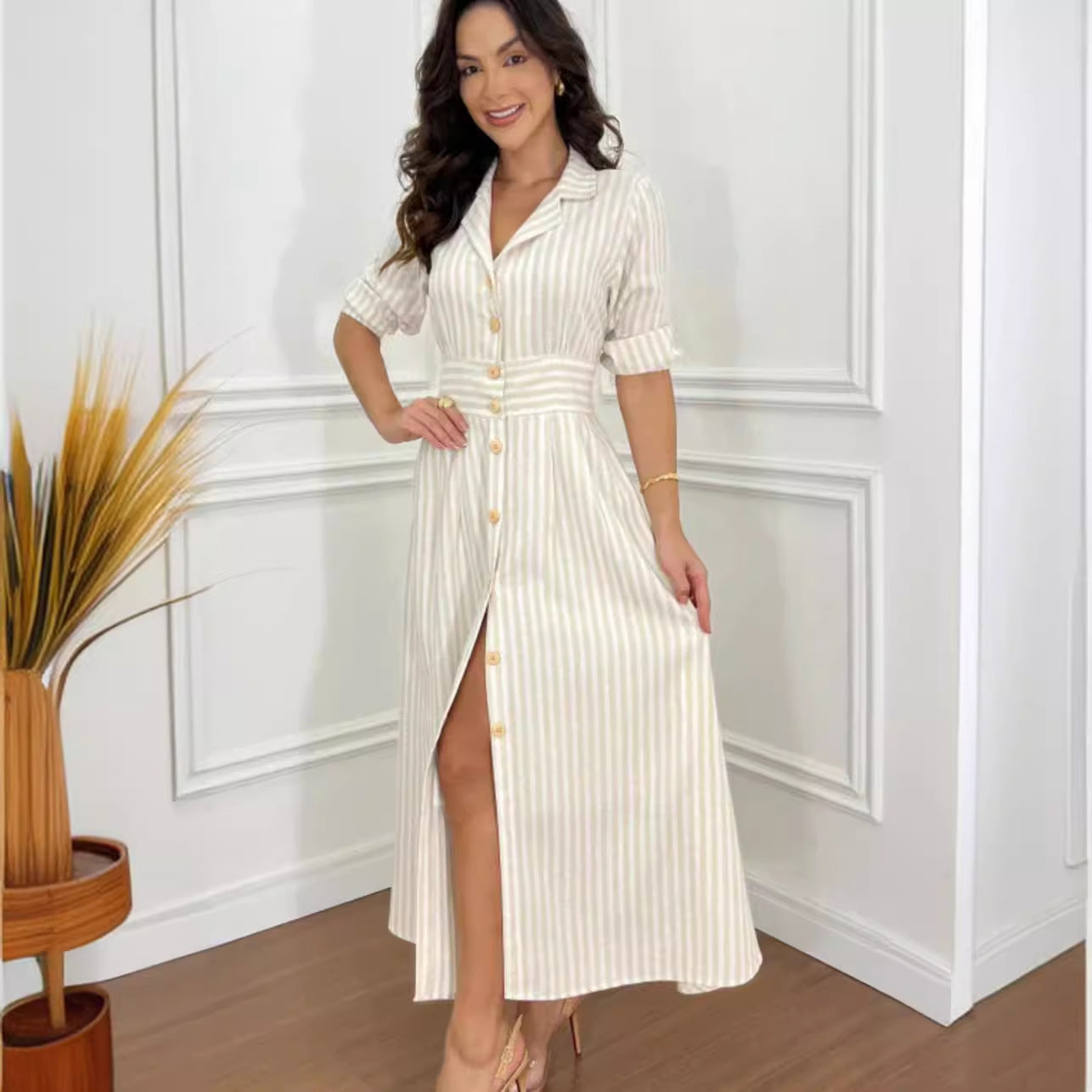 Summer Fashion Stripe Print Elegant Chic Shirt Dress