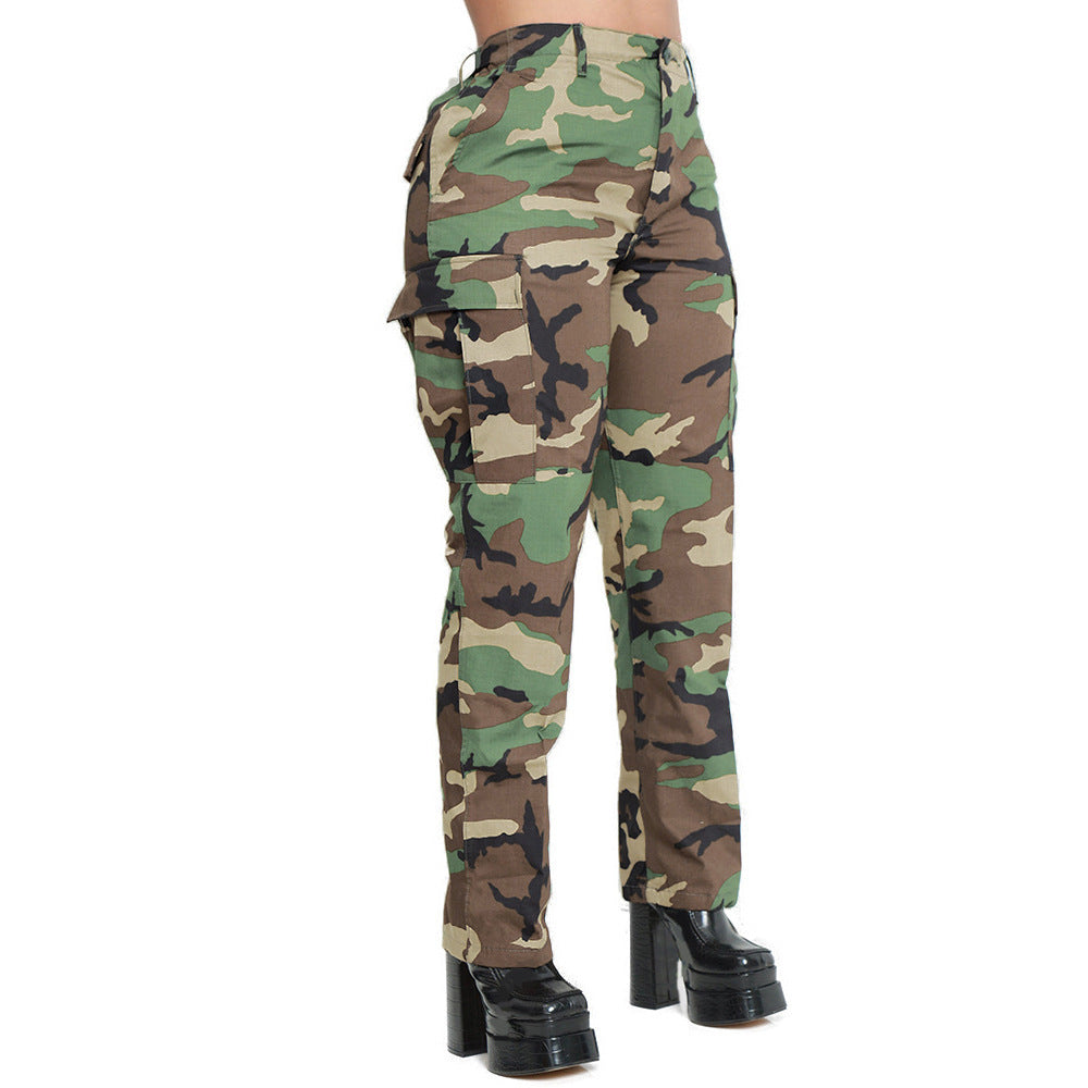 Women Casual Camouflage Print High Waist Straight Leg Pants 11
