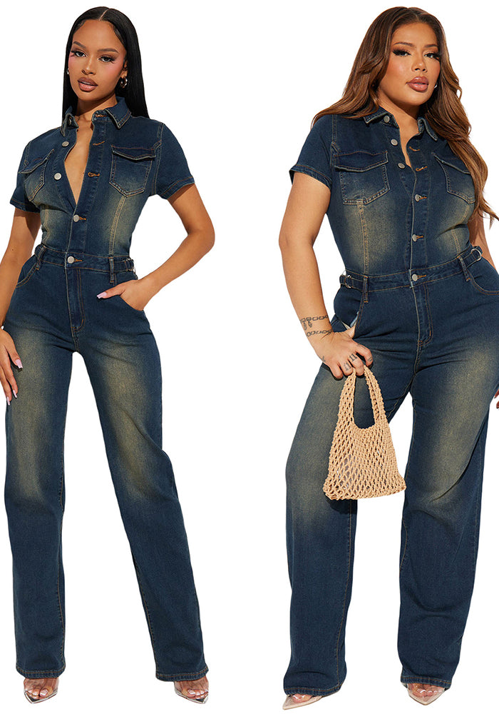 Women Stretchy Washed Denim Jumpsuits