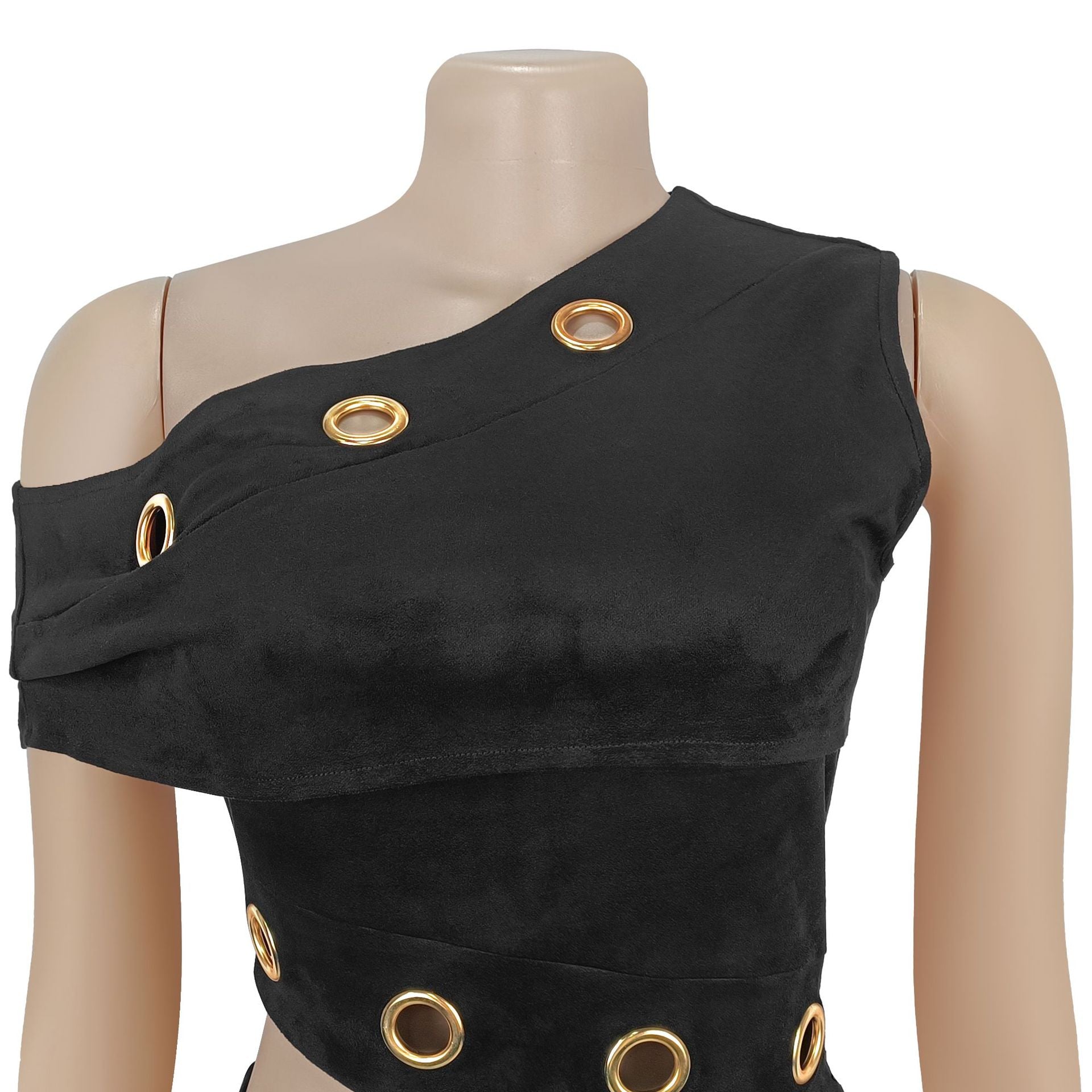 Fashion Women's Sexy Button Slash Shoulder Top Short Skirt Two-Piece Set 16