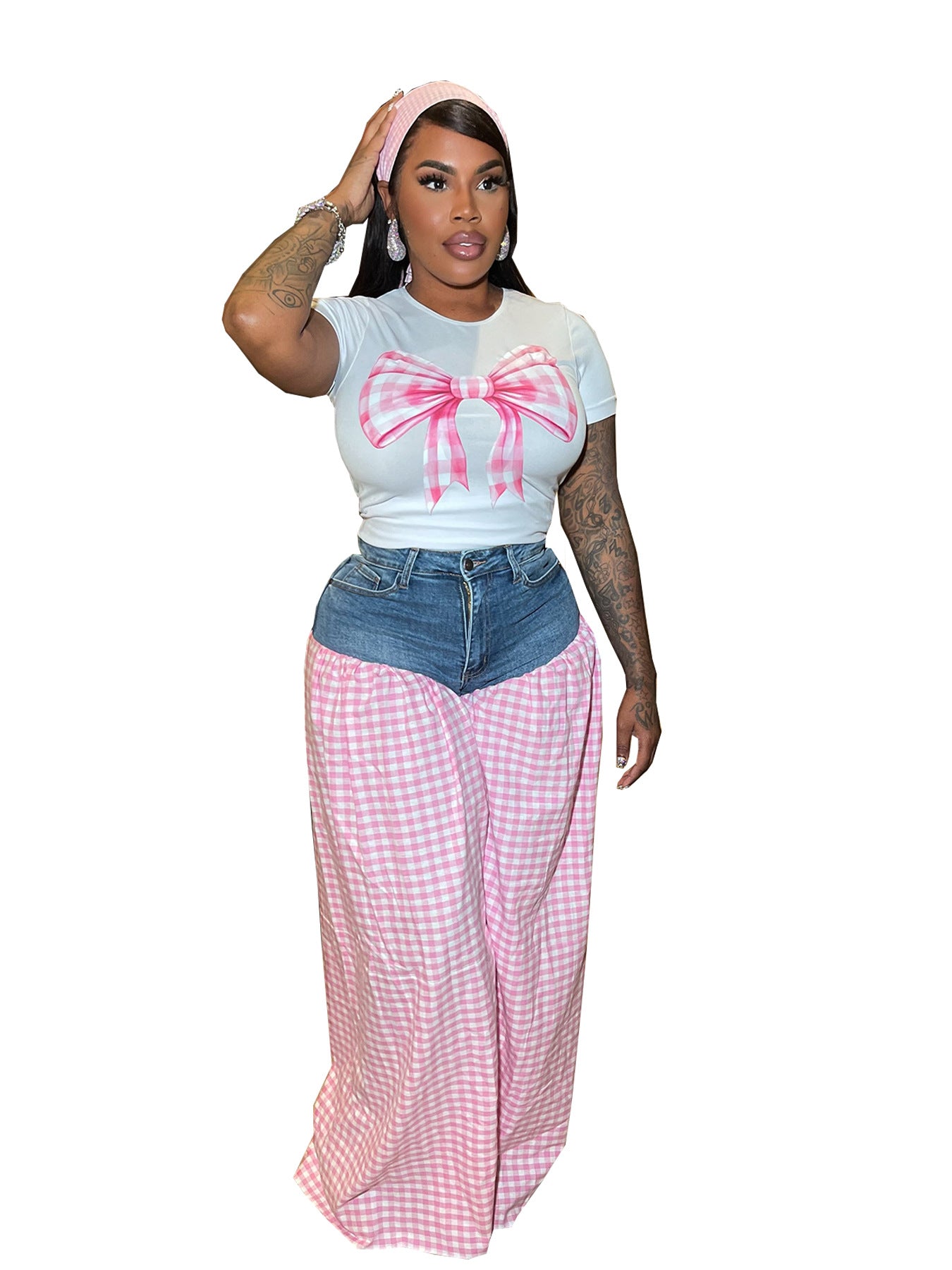 Women Patchwork Plaid Print T-shirt Casual Wide Leg Pants Two-piece Set 11