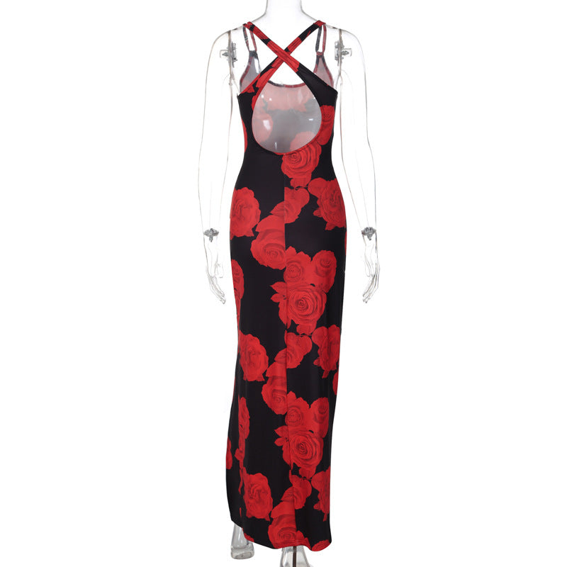 Summer Women's Sexy Slit Strap Long Fashionable Printed Dress 12