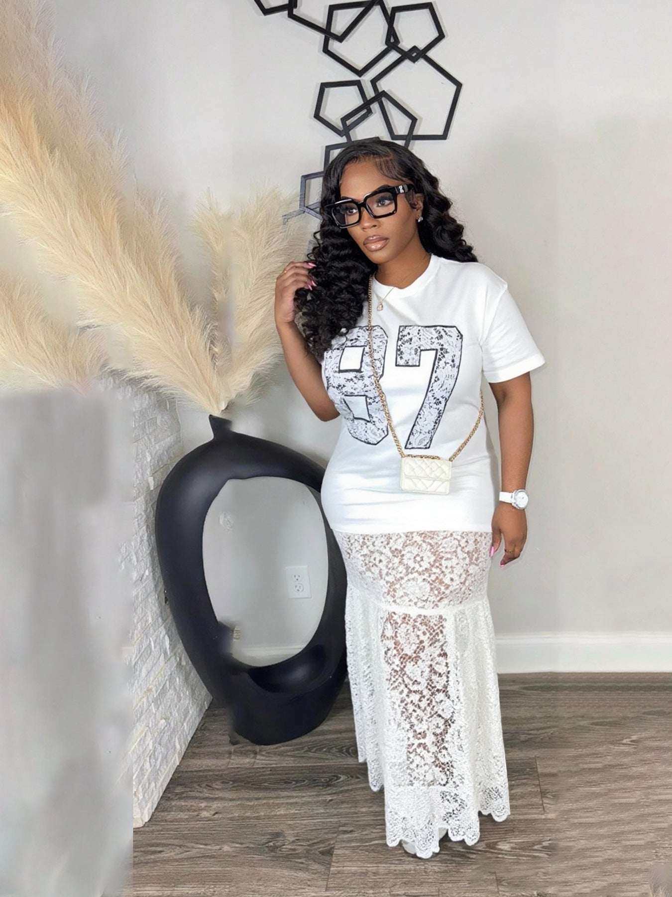 Lady's Round Neck Letter Print Lace Dress