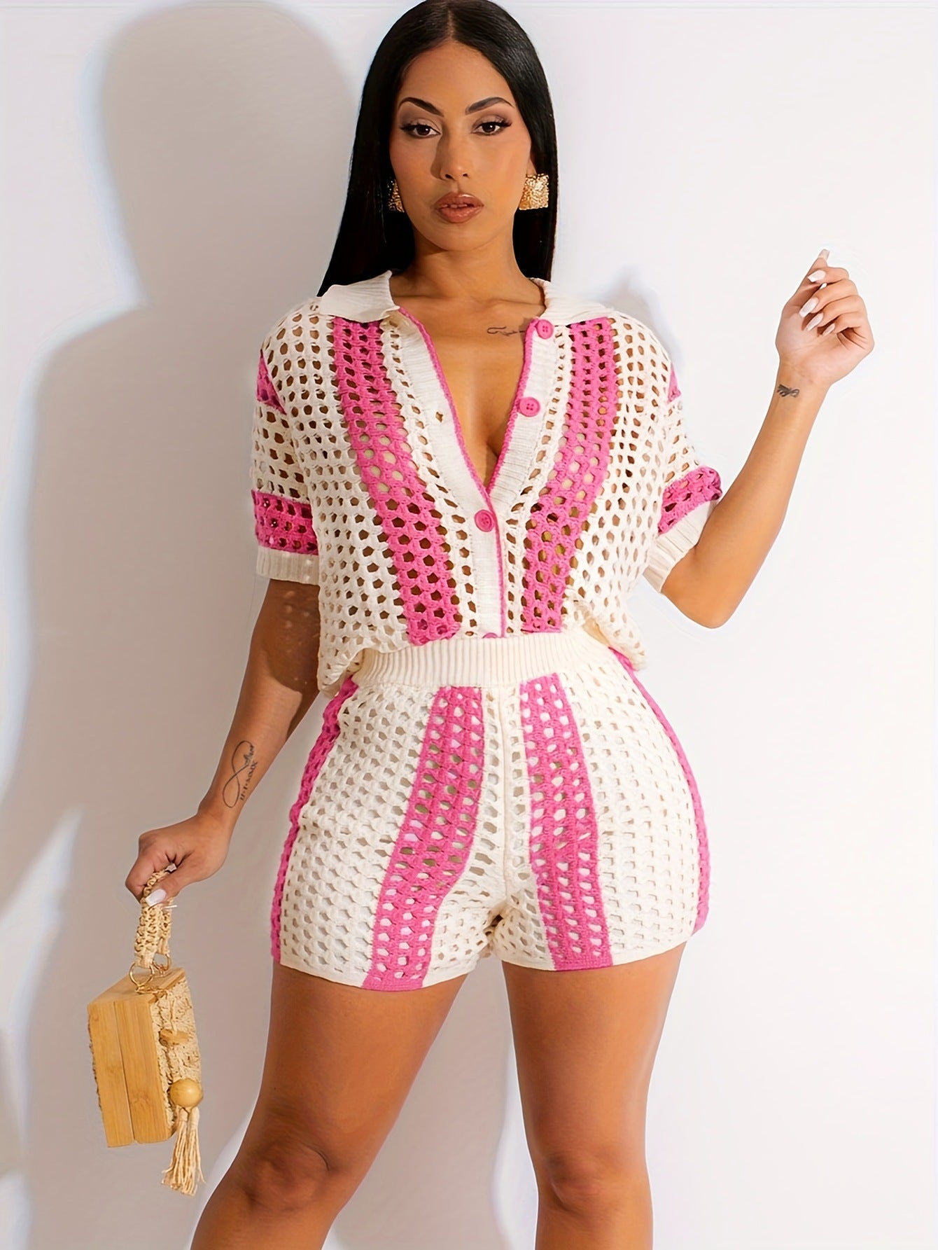 Sexy Ladies Hollow See-Through Turndown Collar Knitting Two Piece Shorts Set 5