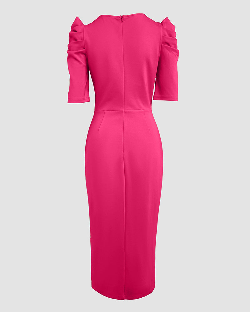 Women Puff Sleeve Floral Pleated Slit Dress 7