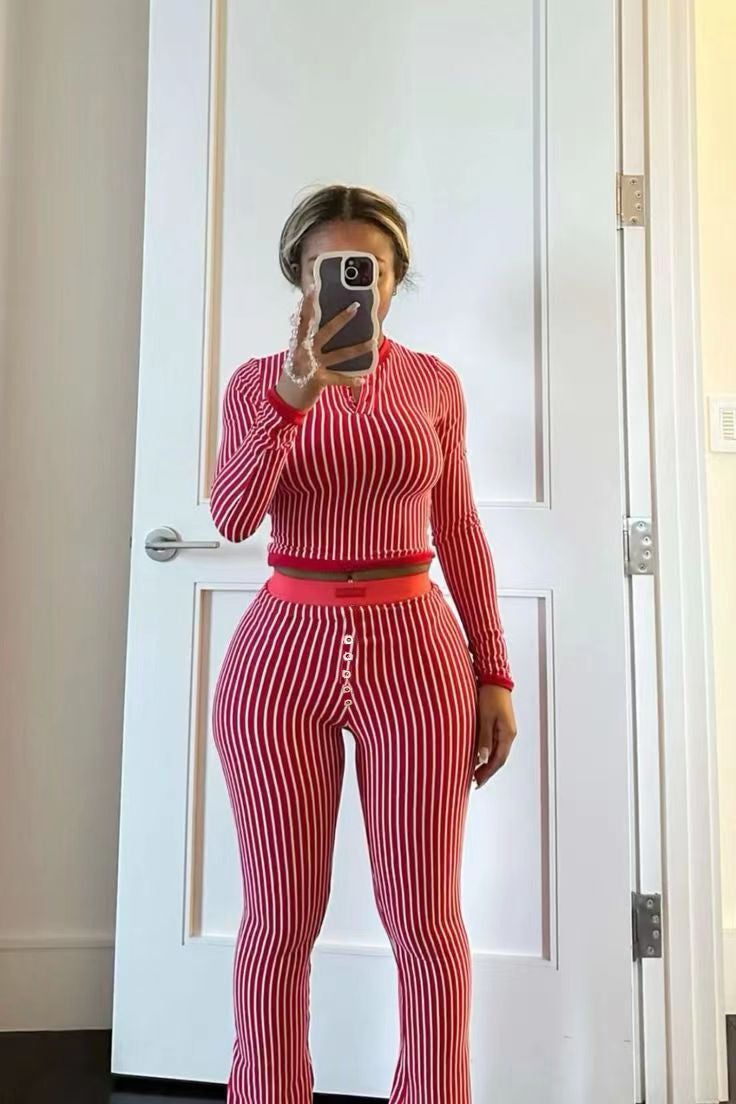 Women Fall and Winter Striped Top and Pant Two-Piece Set 3