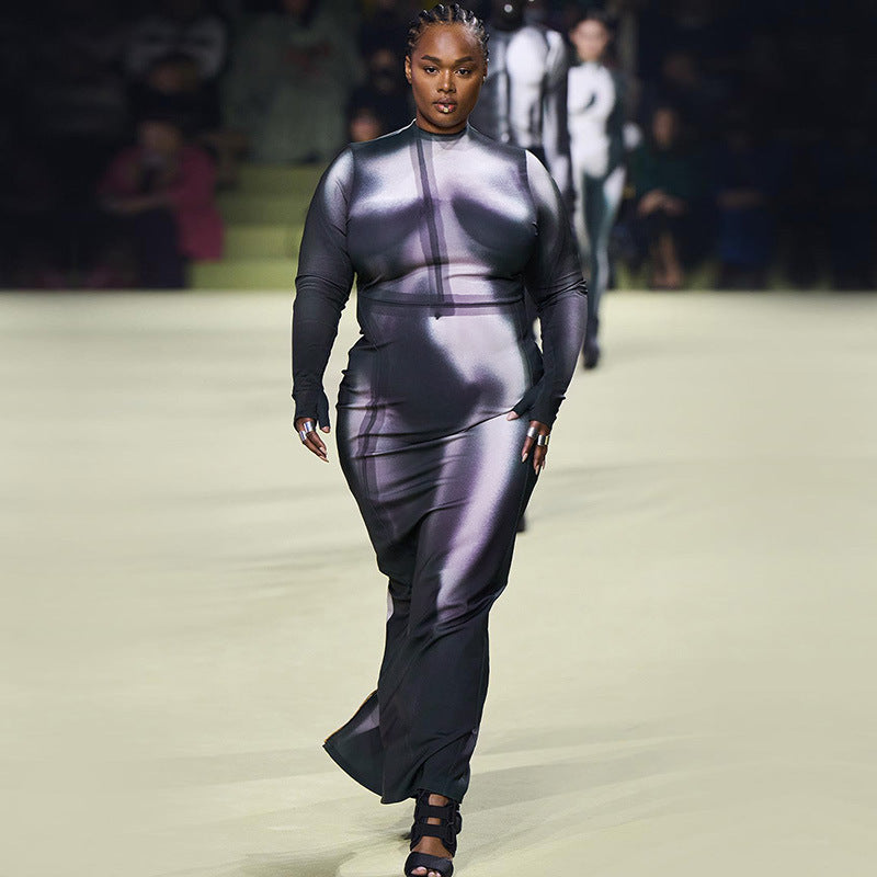 Sexy Printed Round Neck Long Sleeve Slim Slit Long Dress 5