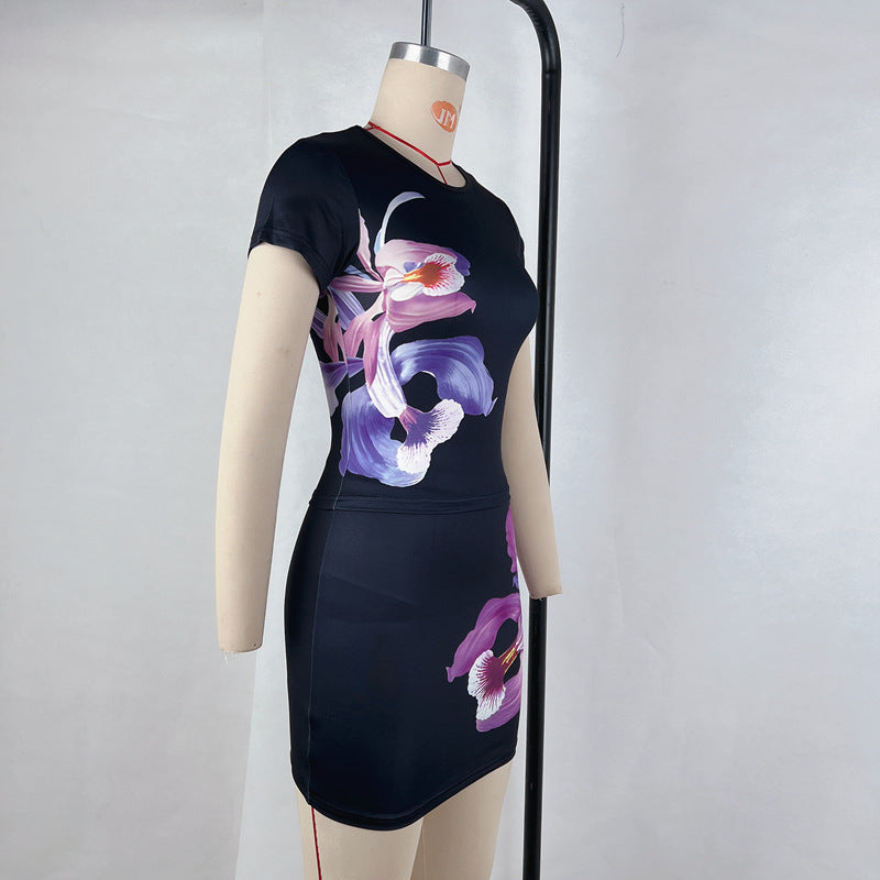 Women summer short-sleeved printed Top and Skirt two-piece set 9